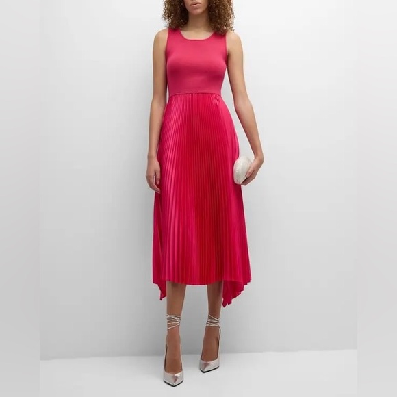 NWT Elie Tahari Island Pink Mixed Media Pleated Midi Dress, Size Small